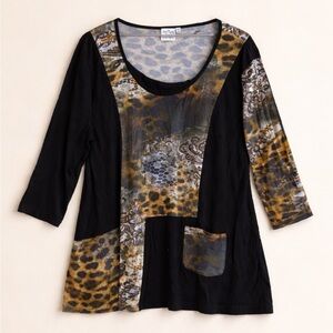 Parsley & Sage Patchwork Tunic Woman 3X Animal Print Pocket Boho 3/4 Sleeve Top